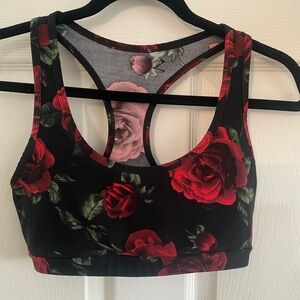Floral Print Sports Bra - Black and Red